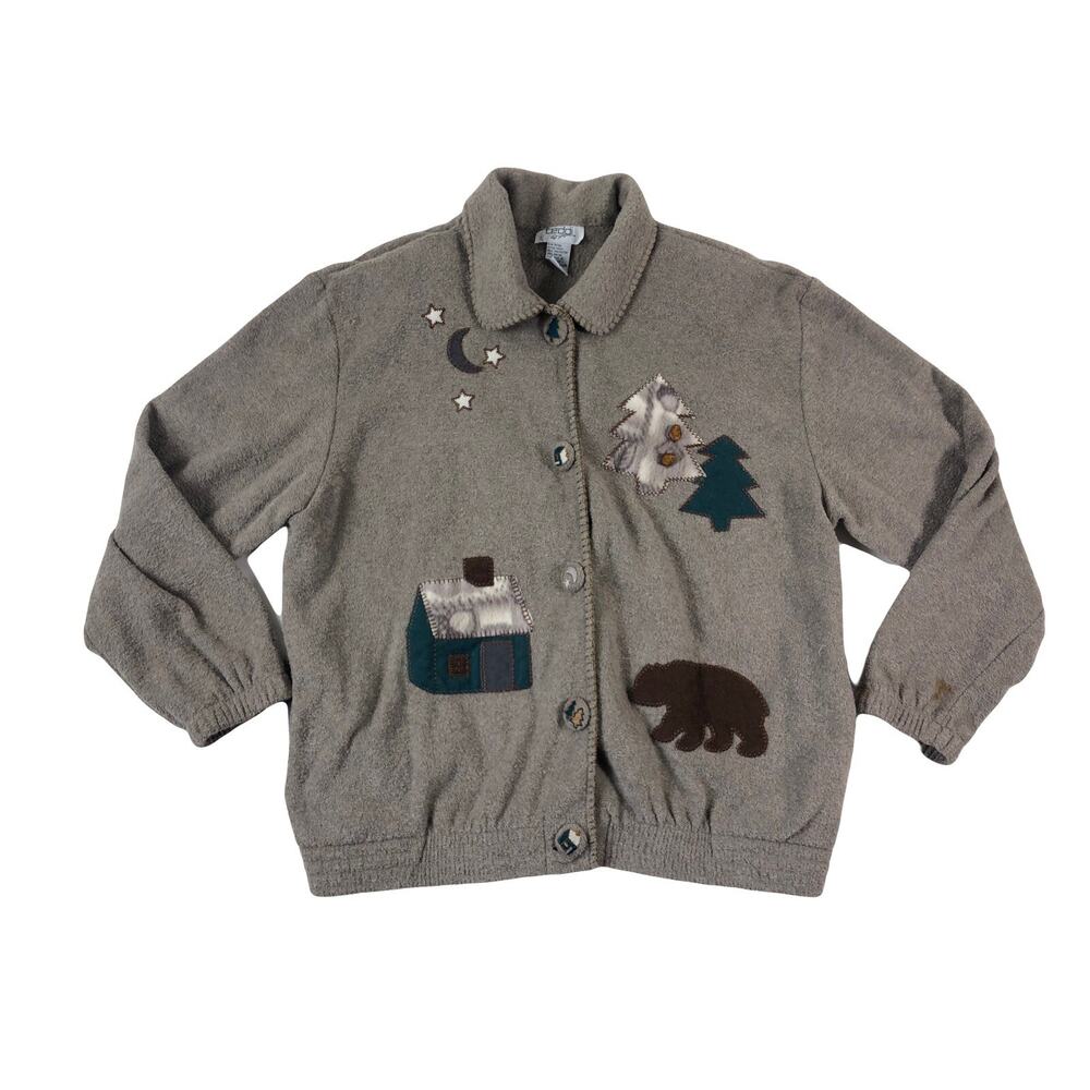 Vintage 1980s 1990s Teddi Fleece Embroidered Button Pine Trees Women's Jacket XL